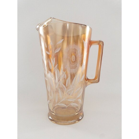 Cosmos by Jeannette Vintage Amber Glass Pitcher With Floral Etching & Handle 8" - Picture 1 of 6